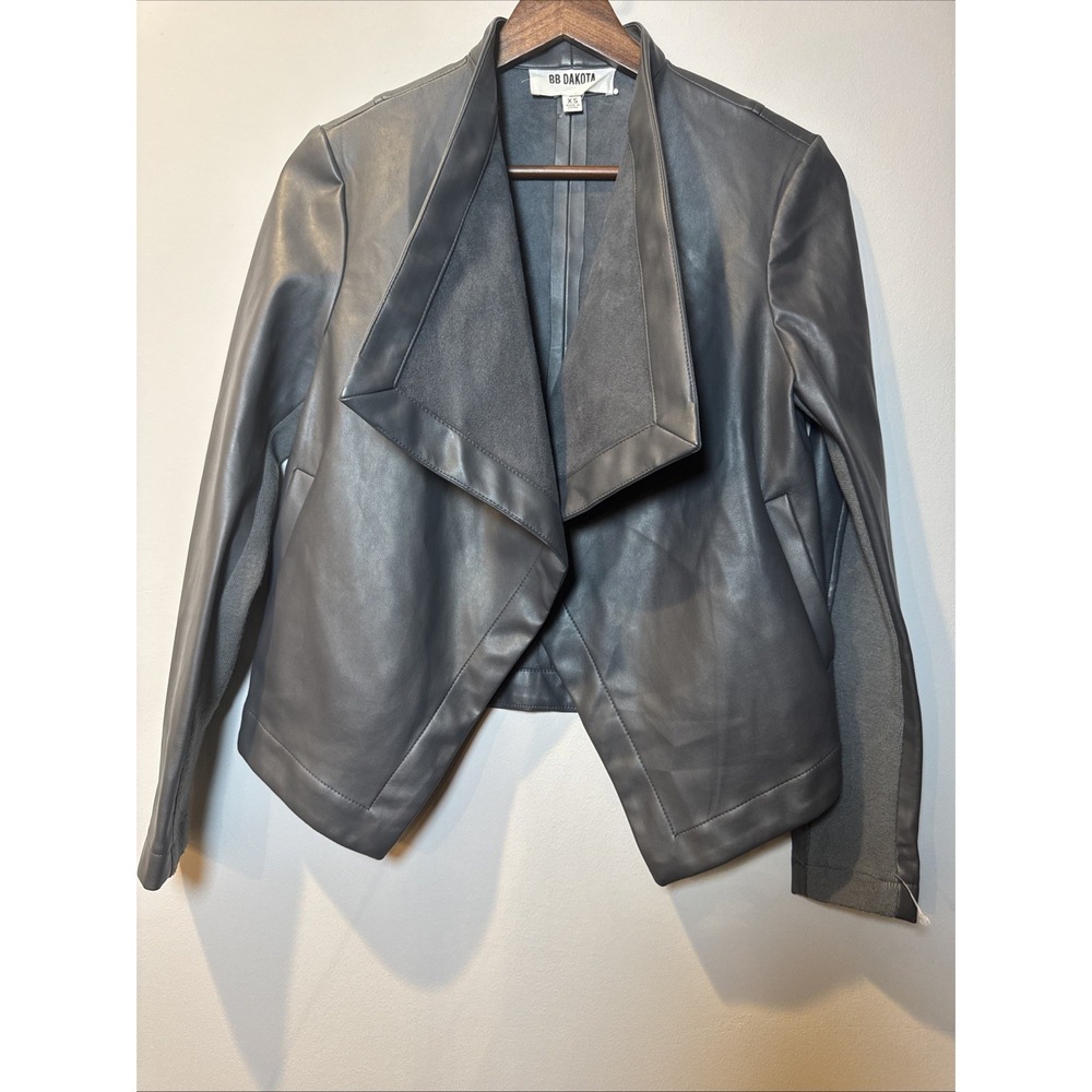 BB Dakota STEVE MADDEN Long Sleeve Open Front Faux Leather Jacket Gray Sz XS EUC